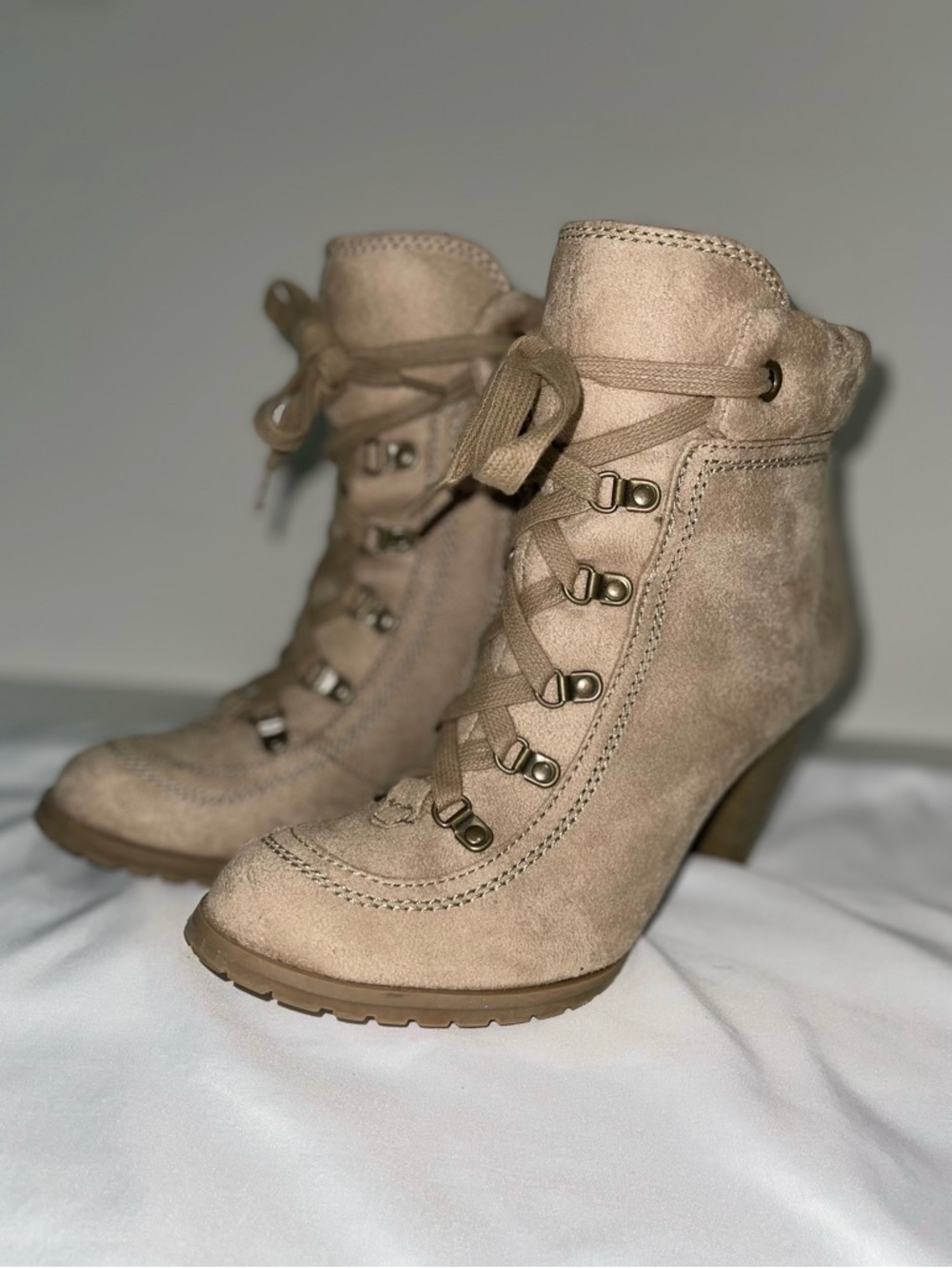 Decree Taupe Suede Lace-Up Heeled Ankle Boots